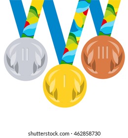 Vector prize medals for winners: gold, silver, bronze medal. Set of medals with ribbon for first, second, third place in sport competition.  Paralympic games.  Games Rio de Janeiro.