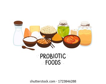 Vector probiotic foods. Best sources of probiotics. Beneficial bacteria improve health. Design is for label, brochure, menu, poster, advertising banner, article about diets, healthy proper nutrition