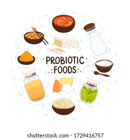 Vector probiotic foods. Best sources of probiotics. Beneficial bacteria improve health. Design is for label, brochure, menu, poster, advertising banner, article about diets, healthy proper nutrition