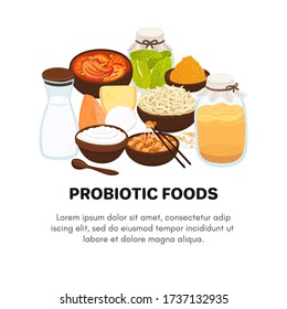 Vector probiotic foods. Best sources of probiotics. Beneficial bacteria improve health. Design is for label, brochure, menu, poster, advertising banner, article about diets, healthy proper nutrition