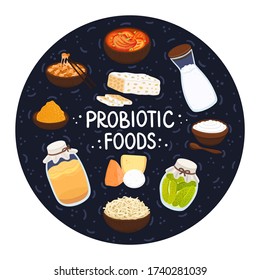 Vector probiotic foods. Best sources of probiotics. Beneficial bacteria improve health. Design is for label, brochure, menu, poster, advertising banner, article about diets, healthy proper nutrition