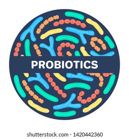 Vector probiotics in circular shape. Bifidobacterium, lactobacillus, streptococcus thermophilus, lactococcus, propionibacterium. Brochure, label, cover, poster, package, advertising, presentation