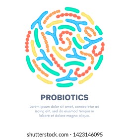 Vector probiotics in circular shape. Bifidobacterium, lactobacillus, streptococcus thermophilus, lactococcus, propionibacterium. Brochure, label, cover, poster, package, advertising, presentation