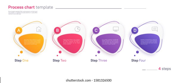 Vector process chart infographic template in the form of horizontal row composed of triangular rounded shapes. Four steps.