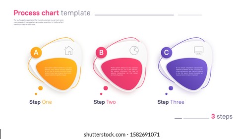 Vector process chart infographic template in the form of horizontal row composed of triangular rounded shapes. Three steps.