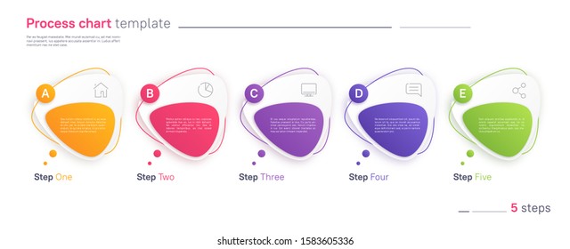 Vector process chart infographic template in the form of horizontal row composed of triangular rounded shapes. Five steps.