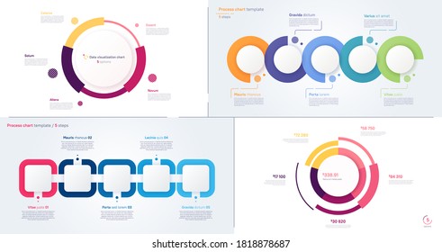 Vector process and circle chart designs, modern templates for creating infographics, presentations, reports, visualizations.