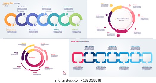 Vector process and circle chart designs, modern templates for creating infographics, presentations, reports, visualizations.