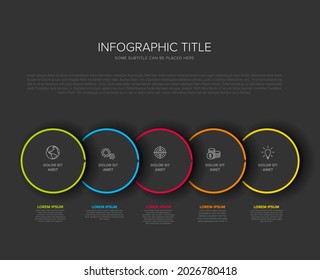 Vector process progress template diagram schema with five steps icons and descriptions. Dark circles on black background with color border frames and minimalistic arrow