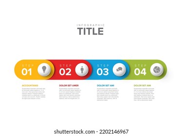 Esquema de diagrama de plantillas de progreso de procesos de vectores con iconos y descripciones de cuatro pasos. Esferas blancas con iconos sobre rayas redondeadas de color y diseño minimalista