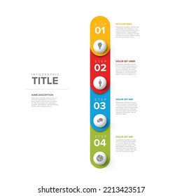 Vector process progress template diagram schema with four vertical steps icons and descriptions. White spheres with icons on color rounded stripes and minimalistic design