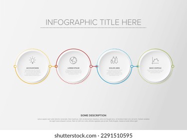 Vector process progress template diagram schema with four steps icons and descriptions. White relief circles on light background with color border frames and minimalistic arrow