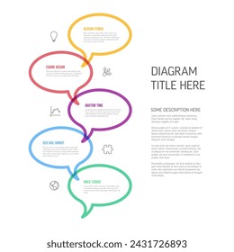 Vector process progress template diagram schema with five steps icons and descriptions. color thick line speech bubbles on light background in down direction