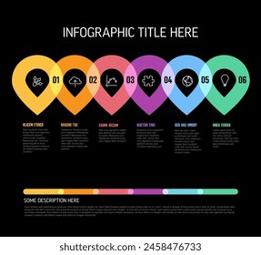 Vector process progress template diagram schema - six pins steps with numbers icons and descriptions. Vivid thick line pointers on black background