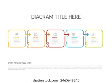 esquema de diagrama de Plantilla de progreso de proceso de Vector con cinco pasos, números y descripciones de íconos. línea fina de color cuadrados sobre fondo claro con flechas en la dirección correcta