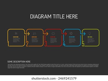 Vector process progress template diagram schema with five steps icons numbers and descriptions. color thin line squares on dark background with arrows in right direction