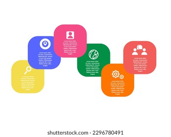 Vector process of six steps template, icons of colorful creatures with rounded edges arranged alternately and overlapping, with text in white color and icons, multipurpose infographic