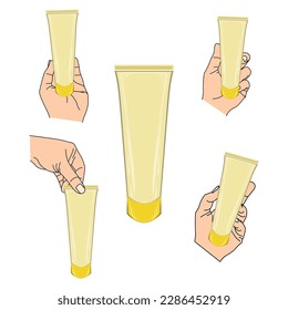 Vector product bottle in trapezoidal shape with multiple gestures_ product in yellow and tan hands