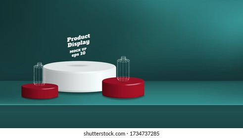 Vector product display background,Empty dark blue green gradient with white and red studio round kiosk stand on table, banner with copy space for display of product for promotion advertising
