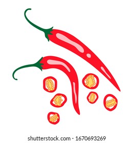 Vector product icon set of chili pepper. The product is a vegetable sharp red chili peppers. Illustration of food