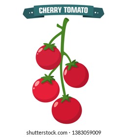 Vector Product Icon Vegetable Cherry Tomato. Red Small Tomatoes On A Branch And Text: Cherry Tomatoes. Illustration Of A Cherry-tomato In Flat Minimalism Style.