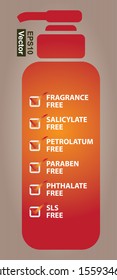 Vector : Product Information or Ingredient Concept Present By Orange Lotion or Shampoo Bottle With Fragrance , Salicylate , Petrolatum , Paraben , Phthalate and SLS Free Sign in Brown Background
