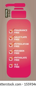 Vector : Product Information or Ingredient Concept Present By Pink Lotion or Shampoo Bottle With Fragrance , Salicylate , Petrolatum , Paraben , Phthalate and SLS Free Sign in Brown Background