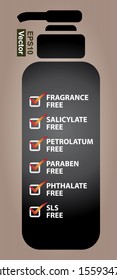 Vector : Product Information or Ingredient Concept Present By Black Lotion or Shampoo Bottle With Fragrance , Salicylate , Petrolatum , Paraben , Phthalate and SLS Free Sign in Brown Background