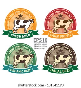 Vector : Product Information Material, Fresh Milk, Farm Fresh, Organic Beef and Halal Beef 100 Percent Premium Quality Always Fresh and Delicious Sticker, Rubber Stamp, Icon, Tag or Label