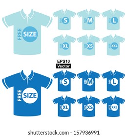 Vector : Product Information or Product Specification Tag, Sticker, Label or Icon Present By Men Blue Polo Shirt Tag Size Icon Isolated on White Background 