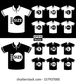 Vector : Product Information or Product Specification Tag, Sticker, Label or Icon Present By Men Black and White Polo Shirt Tag Size Icon Isolated on White Background 