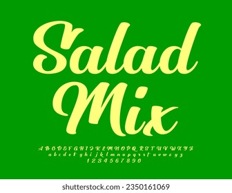 Vektor-Produktzeichenvorlage Salad Mix. Umwälzender grüner Schriftzug. Stilvolle Alphabet Letters and Numbers Set