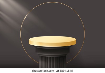 Vector product stand. 3d render mock up. Black and gold background for advertising a product for a special event.