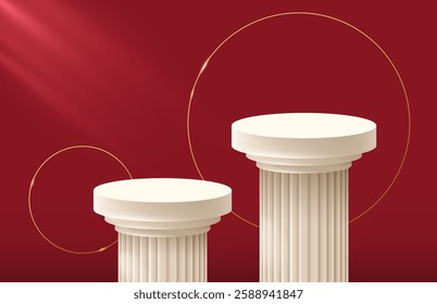 Vector product stand. 3d render mock up. Ancient greek columns on red and golden background.