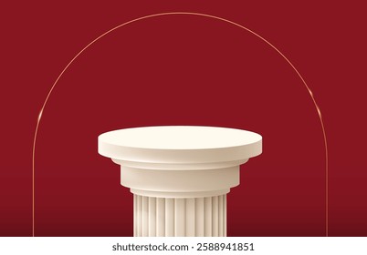Vector product stand. 3d render mock up. Ancient marble column with golden arch on a red background.