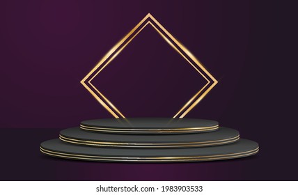 Vector product stand black and gold colors, Luxury concept background, presentation mock up, show cosmetic display stage pedestal design
