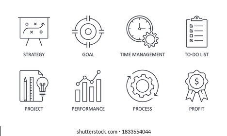 Iconos de productividad de vectores. Icono de línea modificable. Juego de símbolos beneficio de rendimiento de la estrategia del sistema de procesos de negocio. El objetivo del proyecto de administración de tiempo de lista de tareas pendientes