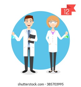 Vector Profession Characters: Man And Woman. Scientist.