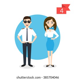 Vector profession characters: man and woman. Pilot and stewardess.
