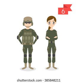 Vector profession characters: man and woman. Soldier.
