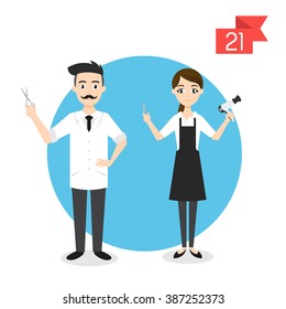 Vector profession characters: man and woman. Barber and hairdresser.