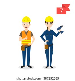 Vector profession characters: man and woman. Worker.