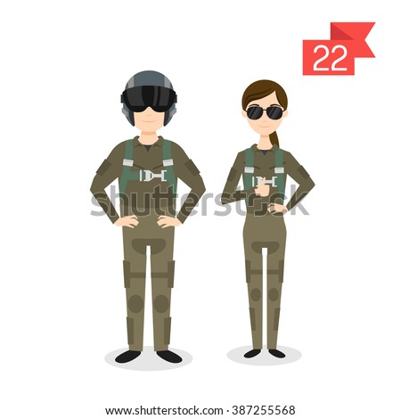 Vector profession characters: man and woman. Fighter pilot.