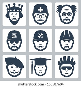 Vector profession icons set: king, doctor, scientist, trucker, repairman, builder, artist, graduating student, cyclist