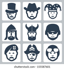 Vector profession icons set: magician, cowboy, jester, knight, viking, soldier, paratrooper, pirate, pilot