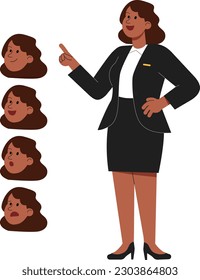 vector of a professional business woman pointing and speaking, with four facial expressions included