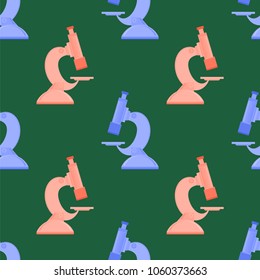 Vector Professional Medical Microscope for Research Seamless Pattern on Green Background. Scientific Laboratory Equipment Icon