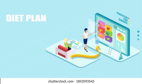 Vector of a professional nutritionist giving advice to a woman on a balanced healthy diet and weight loss tips 