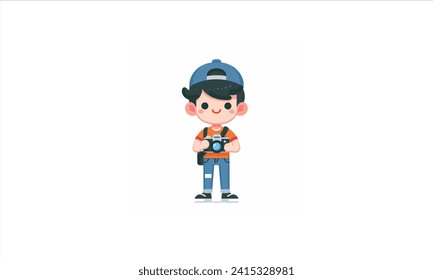 Personaje de fotógrafo profesional vector, sosteniendo una cámara. Trabajo de expertos masculinos y femeninos. Ilustración vectorial linda