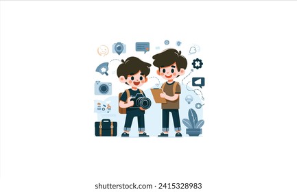 Vector professional photographer character, holding a camera. Male and female expert work.cute vector illustration